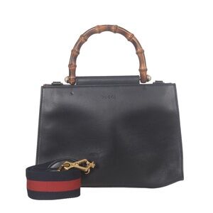 ♥️Gucci Black Leather Nymphaea Bamboo Tote♥️